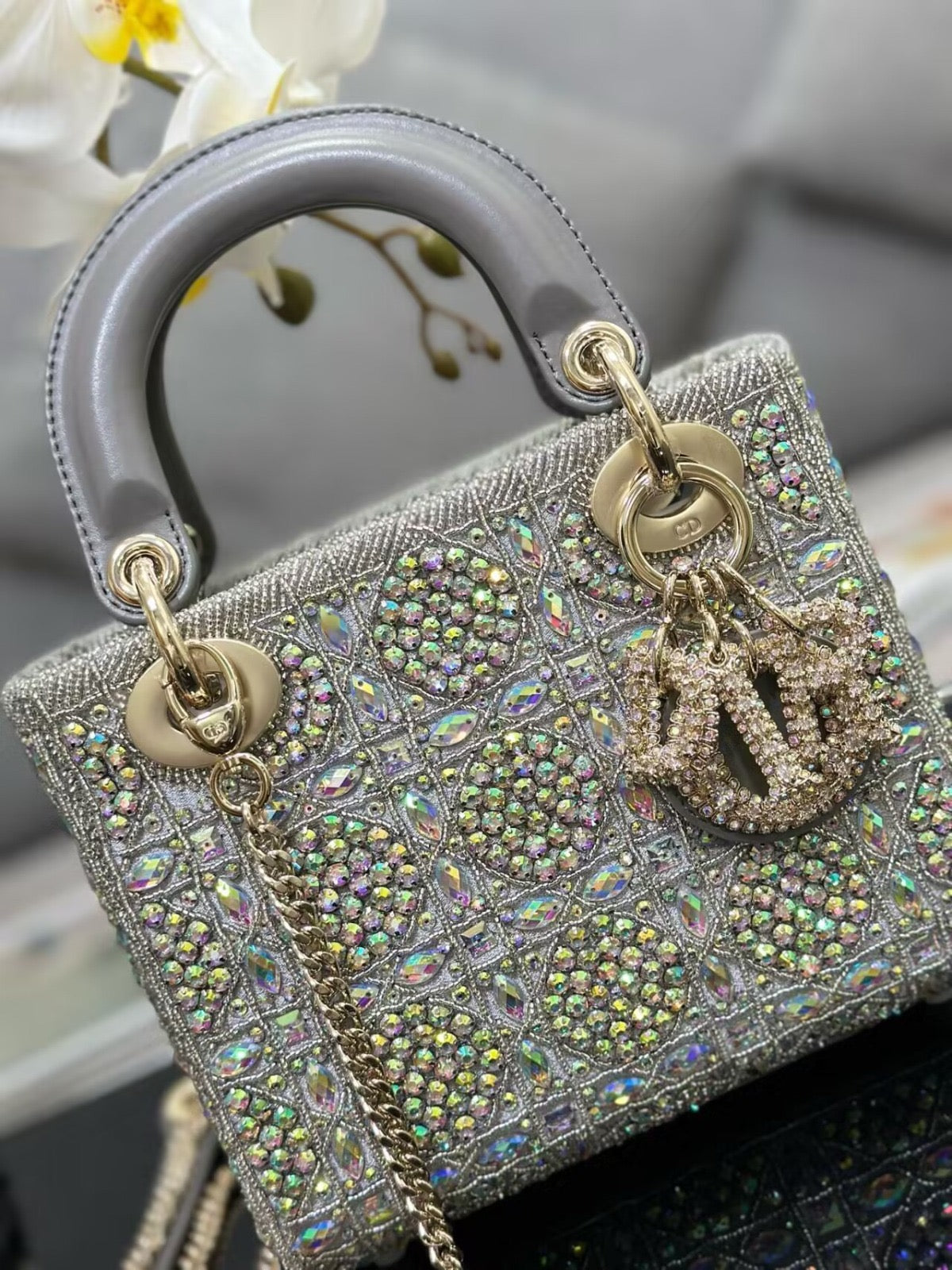 Lady Dior metallic grey bag 