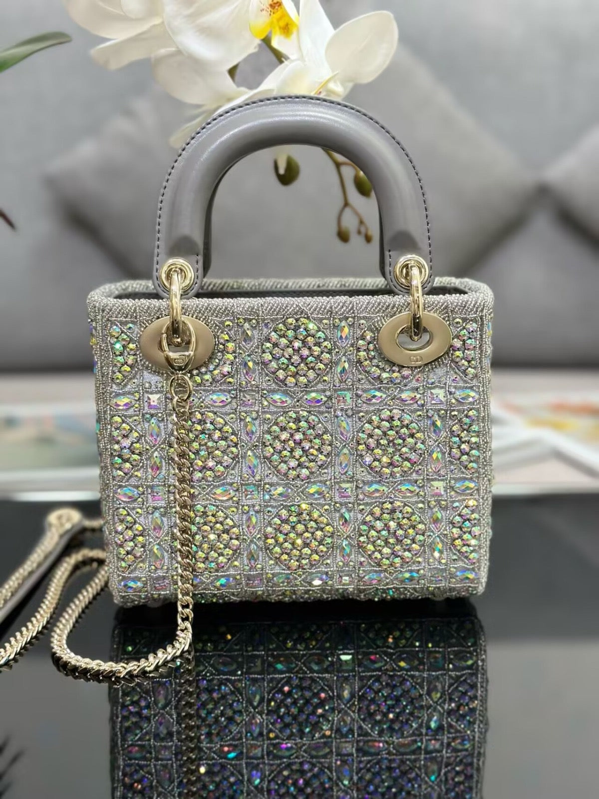 Lady Dior metallic grey bag 