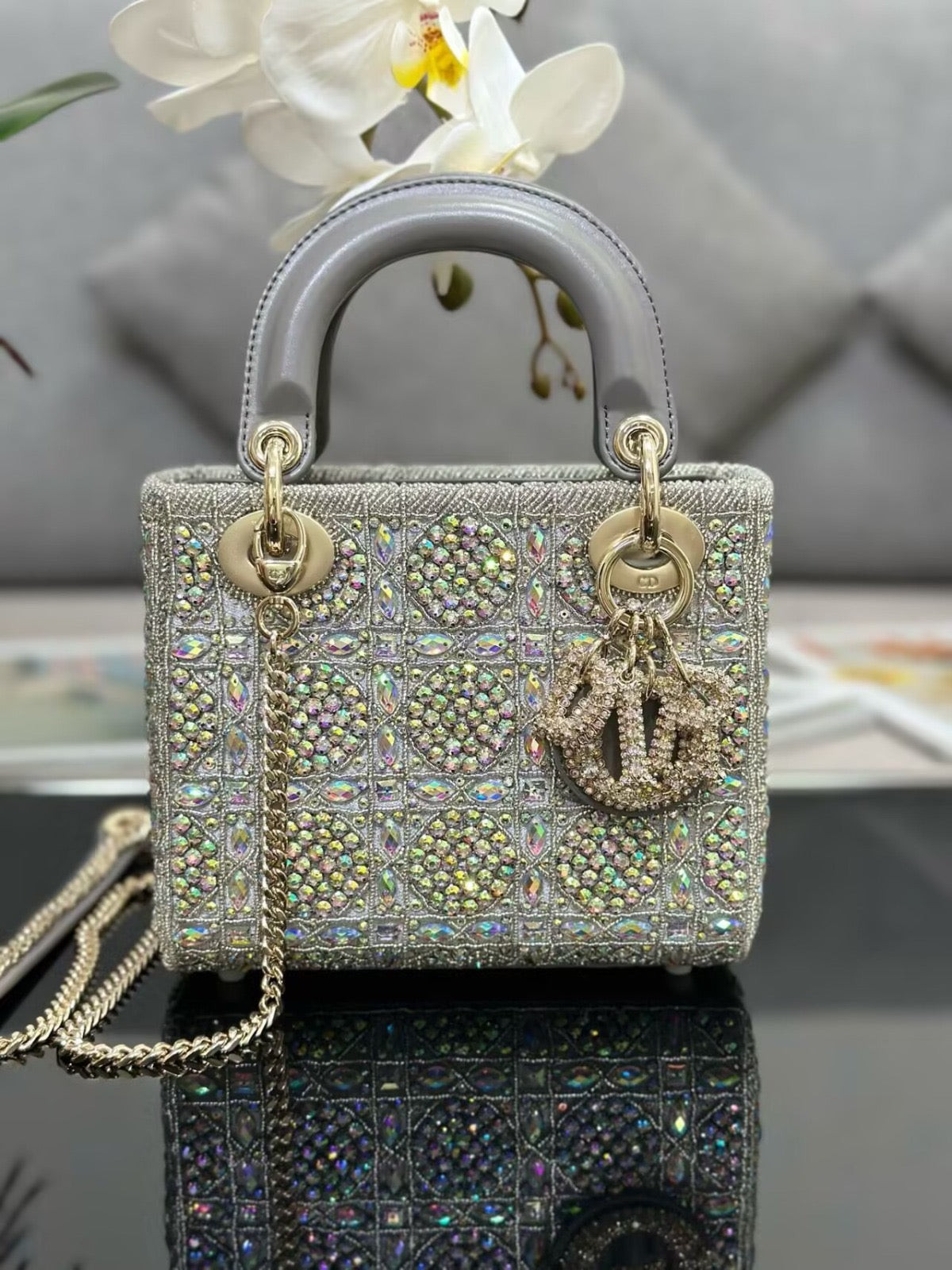 Lady Dior metallic grey bag 