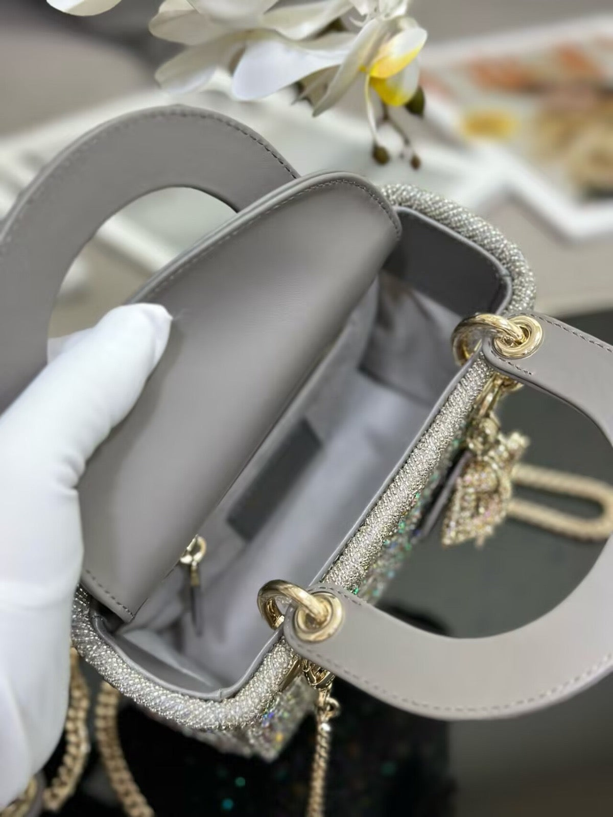 Lady Dior metallic grey bag 